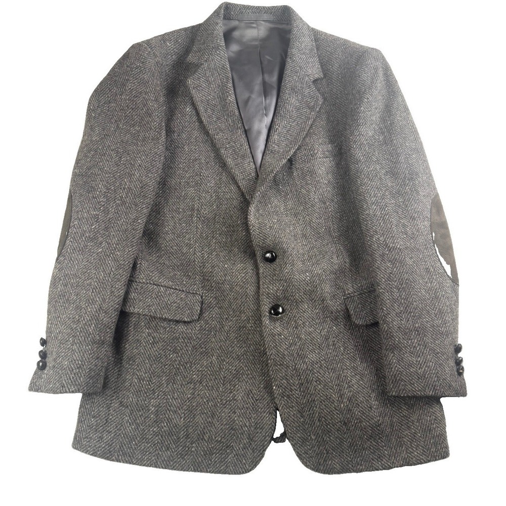 Woodmere 42R Gray Herringbone 100% Wool Sport Coat Blazer Elbow Patch Tweed
